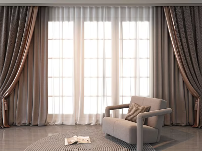 Elegant Sheer And Heavy Curtains By Window With Natural Light Armchair And Rug Interior 3d model