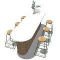 Round Bar Counter With White Countertop Wooden Panel And Metal Frame Stools With Green Plants