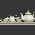 Elegant Tableware Set with Teapot Teacups Milk Jug Sugar Bowl and Pastries on Tray
