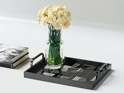 Decorative Ornament Set with Black Tray Glass Vase White Flowers and Books for Home Decor 3d model