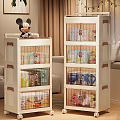 White Multi Layer Storage Cabinets With Mickey Mouse Doll Books And Toys In Living Room