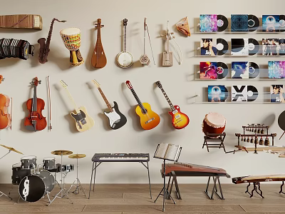 Various Musical Instruments And Art Supplies Displayed On Shelves And Wall In Room 3d model