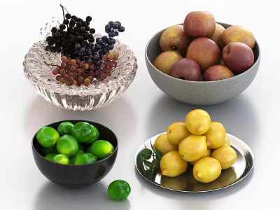 Fresh Assorted Fruits in Glass Bowl Bowl and Plate with Grapes Pears Limes and Lemons 3d model