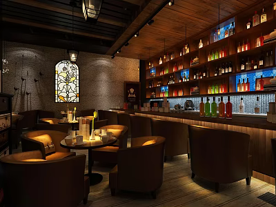 Cozy Bar Interior Design With Stained Glass Window Wooden Shelves Bottles And Leather Chairs 3d model