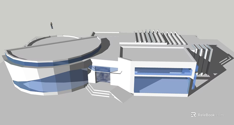 Modern Architecture Exterior Design With Circular And Rectangular Structure Glass Windows And Roof Louvers 3d model 