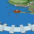 Waterfront Landscape With River Channel Trees Pedestrians Walkways And Wooden Boardwalks
