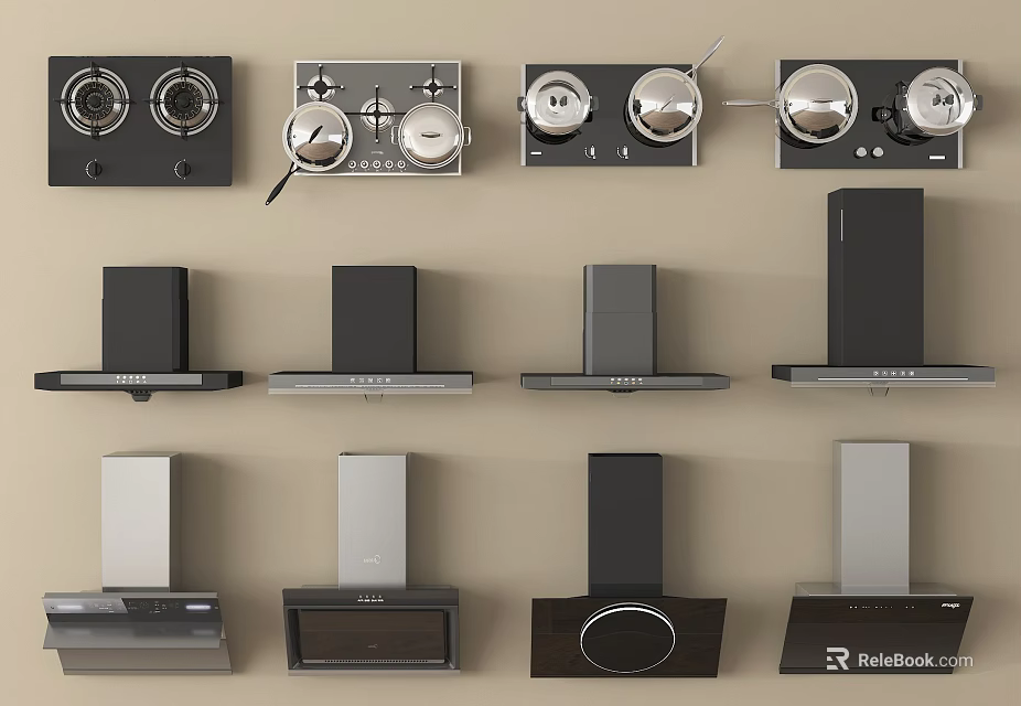 Modern Kitchen Appliances Featuring Various Gas Stoves And Range Hoods 3d model