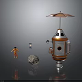 Futuristic Robot With Umbrella And Space Capsule Design Featuring Human Figure Rock And Sphere