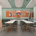 Bright Restaurant Interior With Light Green Walls Curved Ceiling Tables And Order Counter