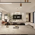 Modern Living and Dining Room Interior With Beige Sofa Dining Table Chandelier And Large Windows