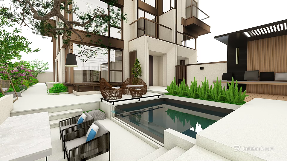 Modern Courtyard Garden Landscape With Swimming Pool Wicker Chairs Green Plants And Steps 3d model 