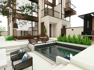 Modern Courtyard Garden Landscape With Swimming Pool Wicker Chairs Green Plants And Steps 3d model