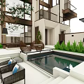 Modern Courtyard Garden Landscape With Swimming Pool Wicker Chairs Green Plants And Steps
