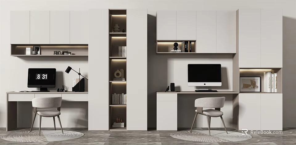 Modern Home Office Desk With Computer Chair White Storage Cabinets And LED Lighting 3d model 
