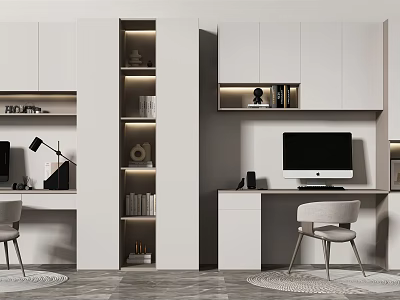 Modern Home Office Desk With Computer Chair White Storage Cabinets And LED Lighting 3d model