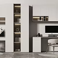 Modern Home Office Desk With Computer Chair White Storage Cabinets And LED Lighting