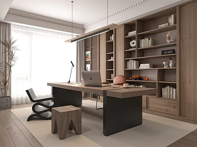 Modern Home Office Study Room With Wooden Bookshelves Desk Laptop Chair Natural Light And Books 3d model