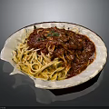 Spaghetti with Rich Tomato Meat Sauce Topped with Fresh Herbs on White Plate