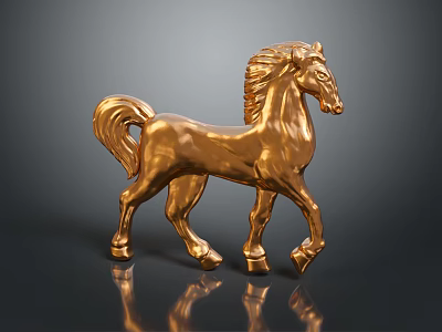 Shiny Golden Horse Sculpture With Metallic Finish And Decorative Design For Art Decor 3d model