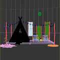 Tipi Tent On Grass Platform Under Starry Sky With Moon String Lights And Deck Chairs 3d model