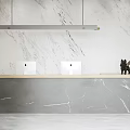 Sleek Marble Reception Desk With Two Mac Computers Black Sculpture And Long Pendant Light 3d model