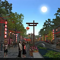 Traditional Commercial Street at Night with Full Moon Red Lanterns Small Bridge and Lotus Pond