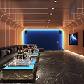 KTV Interior With Black Sofas Drinks Snacks Glass Tables Blue Accent Wall TV Screens Modern Lighting
