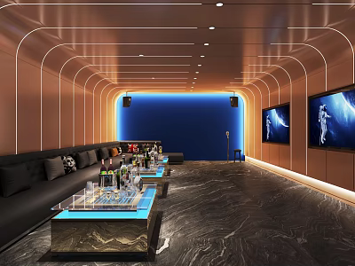 KTV Interior With Black Sofas Drinks Snacks Glass Tables Blue Accent Wall TV Screens Modern Lighting 3d model