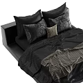 Black Double Bed With Plaid Bed Linen Decorative Pillows And Cushion