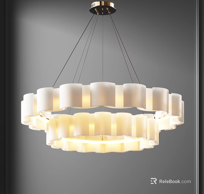 Elegant Modern Two Tiered White Circular Chandelier With Warm Illuminated Light 3d model 