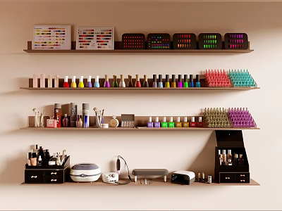 Nail Supplies Display with Various Colors Neatly Arranged on Shelves in Nail Studio 3d model