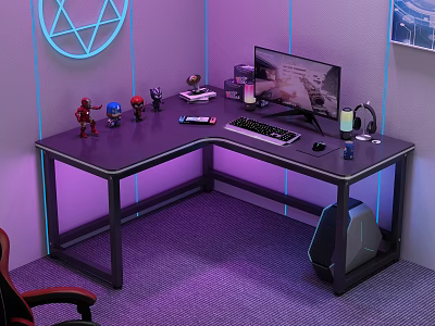 L Shaped Gaming Desk With Purple LED Lights Computer Monitor Action Figures And Gaming Console 3d model