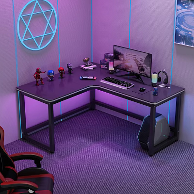 L Shaped Gaming Desk With Purple LED Lights Computer Monitor Action Figures And Gaming Console 3d model