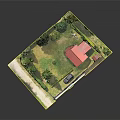 Detailed 3D Garden Model Featuring Red Roof House Car Trees Lawn And Fence