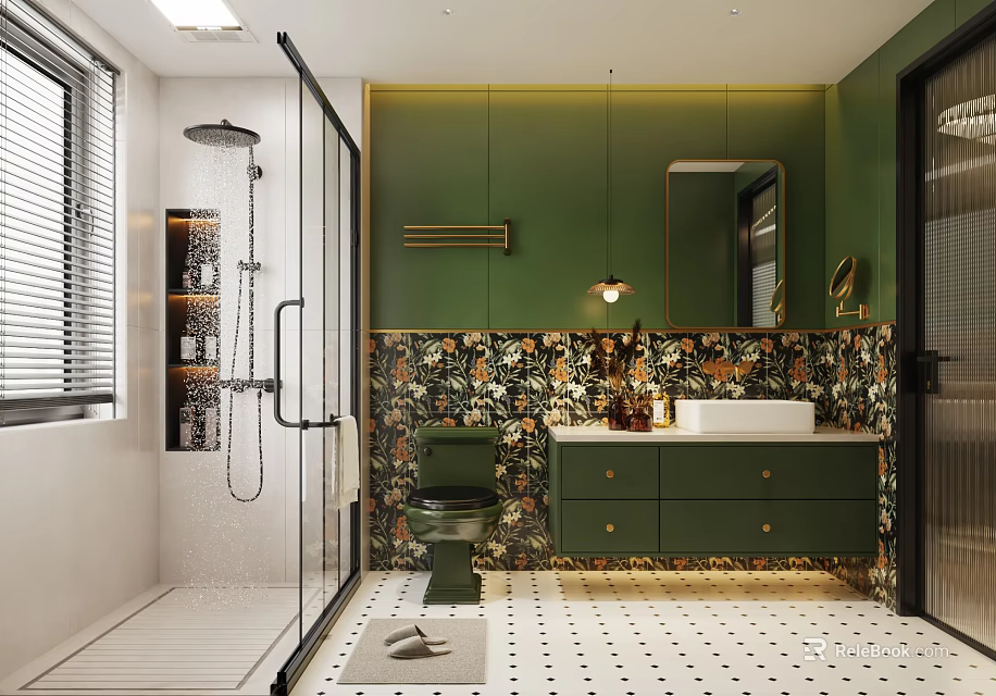 Modern Bathroom Interior Design With Green Cabinets Patterned Wall Tiles And Glass Shower Enclosure 3d model 