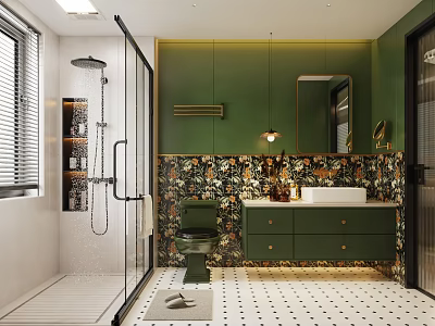 Modern Bathroom Interior Design With Green Cabinets Patterned Wall Tiles And Glass Shower Enclosure 3d model