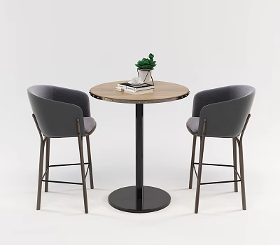 Modern Round Wooden Table And Gray High Chairs With Black Legs Green Plant And Books 3d model