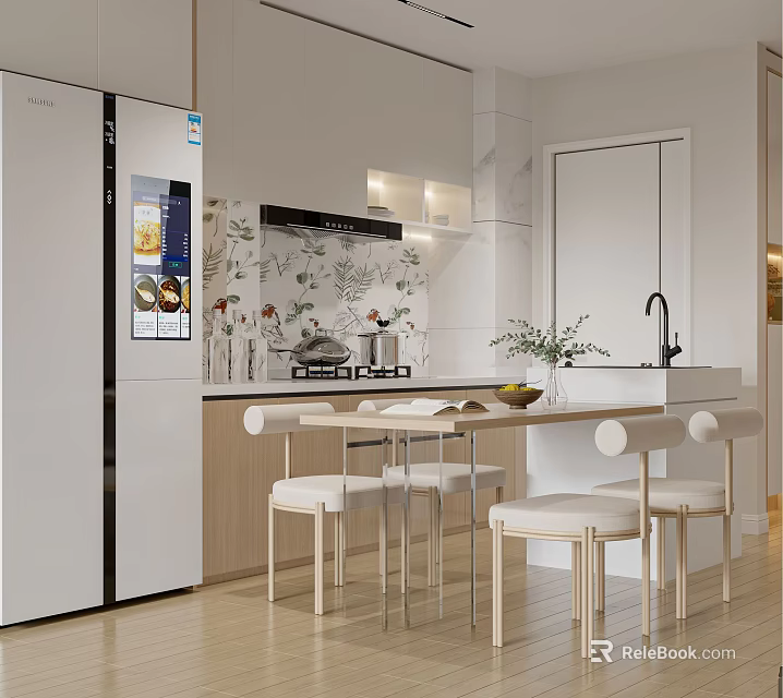 Modern Restaurant Kitchen With Floral Tile Backsplash White Refrigerator Wooden Island And White Dining Chairs 3d model 