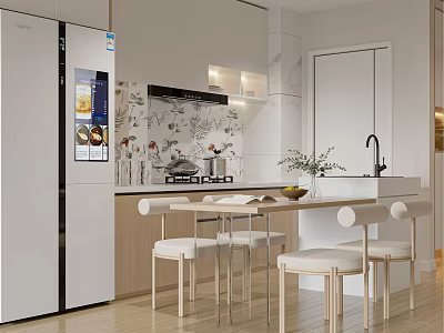 Modern Restaurant Kitchen With Floral Tile Backsplash White Refrigerator Wooden Island And White Dining Chairs 3d model