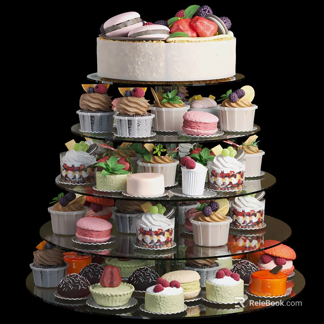 Layered Dessert Tower Display With Assorted Cupcakes Macarons And Fresh Fruit Toppings 3d model 