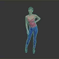 Woman In Red Floral Tank Top Blue Jeans And Black Boots On Gray Background