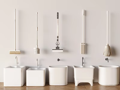 White Bathroom Accessories Including Cleaning Tools And Wash Basins Hanging On Wall 3d model