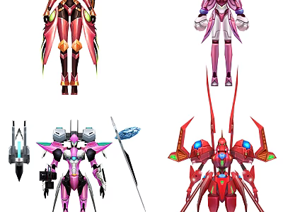 Different Colorful Mecha Characters With Pink Red Designs And Detailed Mechanical Weapons 3d model