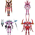 Different Colorful Mecha Characters With Pink Red Designs And Detailed Mechanical Weapons