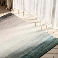 Soft Gradient Striped Square Rug on Wooden Floor with Sunlight and White Curtains