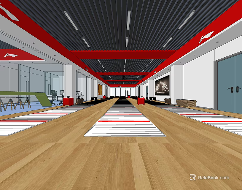 Spacious Fitness Workout Space With Wooden Floor Red White Striped Mats Green Exercise Equipment And Wall Screen 3d model 