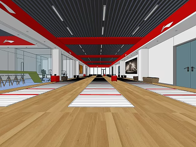 Spacious Fitness Workout Space With Wooden Floor Red White Striped Mats Green Exercise Equipment And Wall Screen 3d model