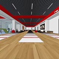 Spacious Fitness Workout Space With Wooden Floor Red White Striped Mats Green Exercise Equipment And Wall Screen