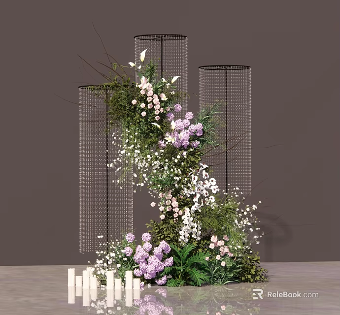 Elegant Floral Installation With Metal Mesh Columns Purple White Flowers And Green Plants 3d model 