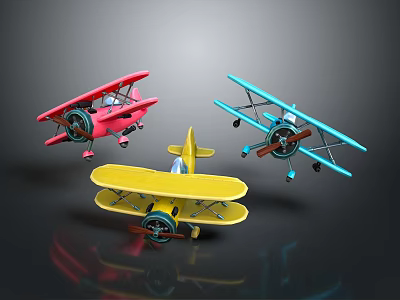 Colorful Toy Biplanes In Red Yellow Blue Arranged On Dark Background 3d model